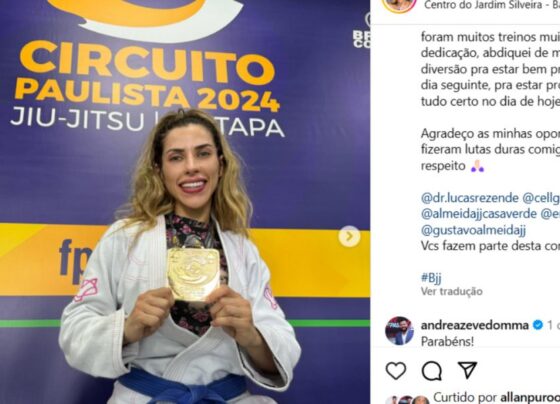 Ana Paula Minerato posa com a medalha de ouro do Circuito Paulista de Jiu-Jitsu.